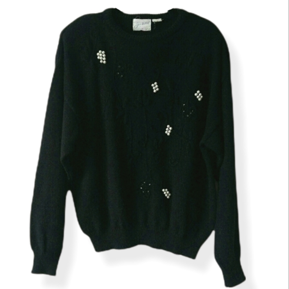 VINTAGE 1980's Jessica Black Textured Knit Faux Pearl Angora Blend Sweater